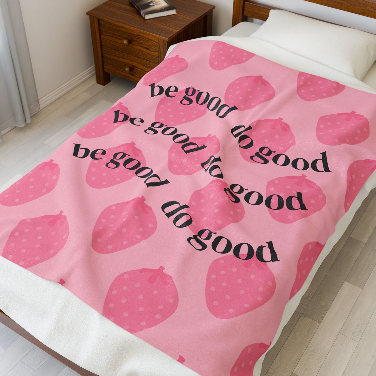 Velveteen Plush Blanket - Strawberry Print Gift for Valentine's Day, Be Good Do Good, Cozy Throw, Warm Fleece Cover, Decorative Bedding