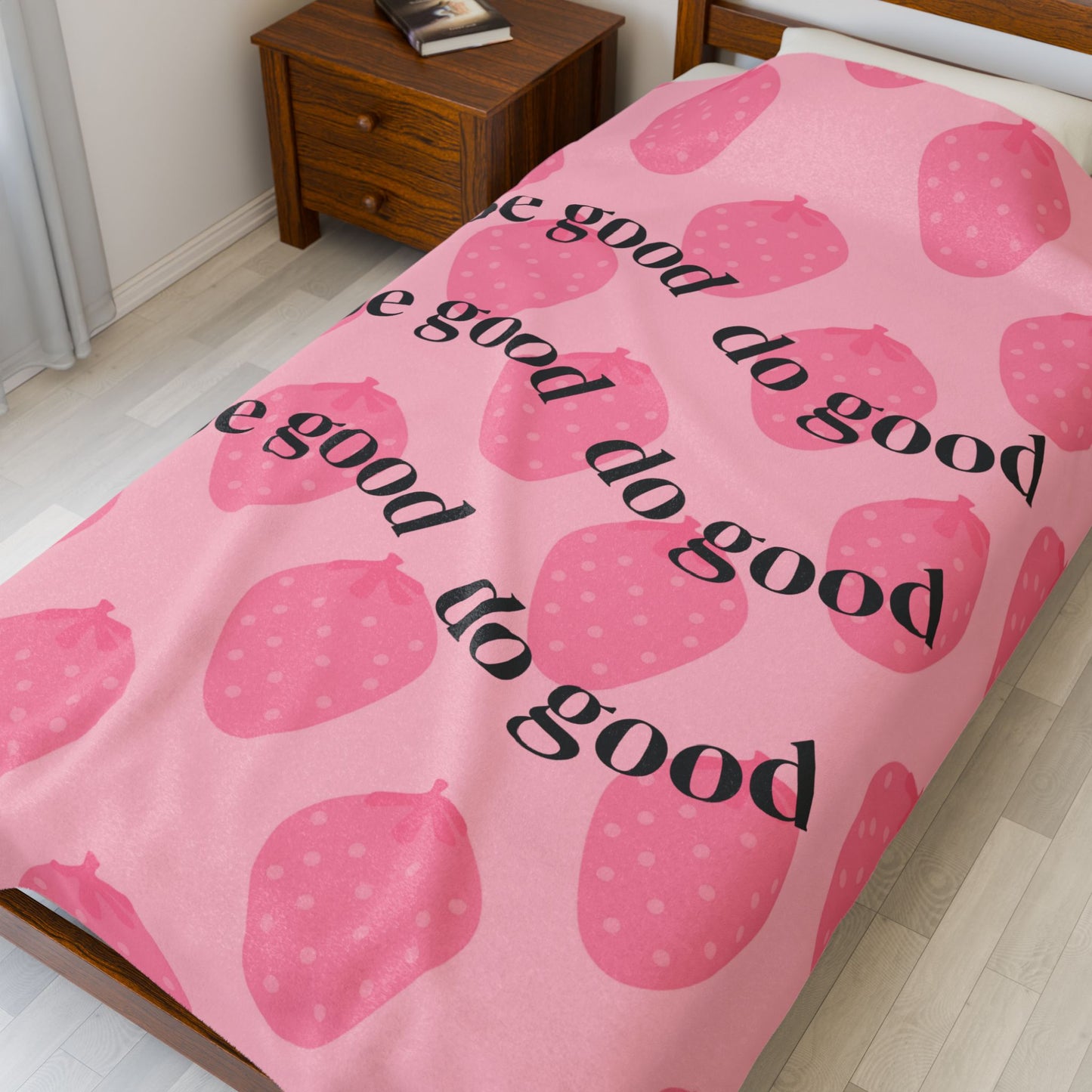 Velveteen Plush Blanket - Strawberry Print Gift for Valentine's Day, Be Good Do Good, Cozy Throw, Warm Fleece Cover, Decorative Bedding